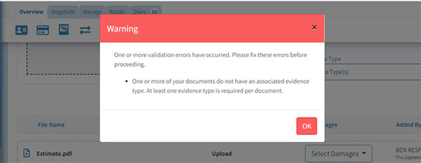 Screenshot of validation error warning